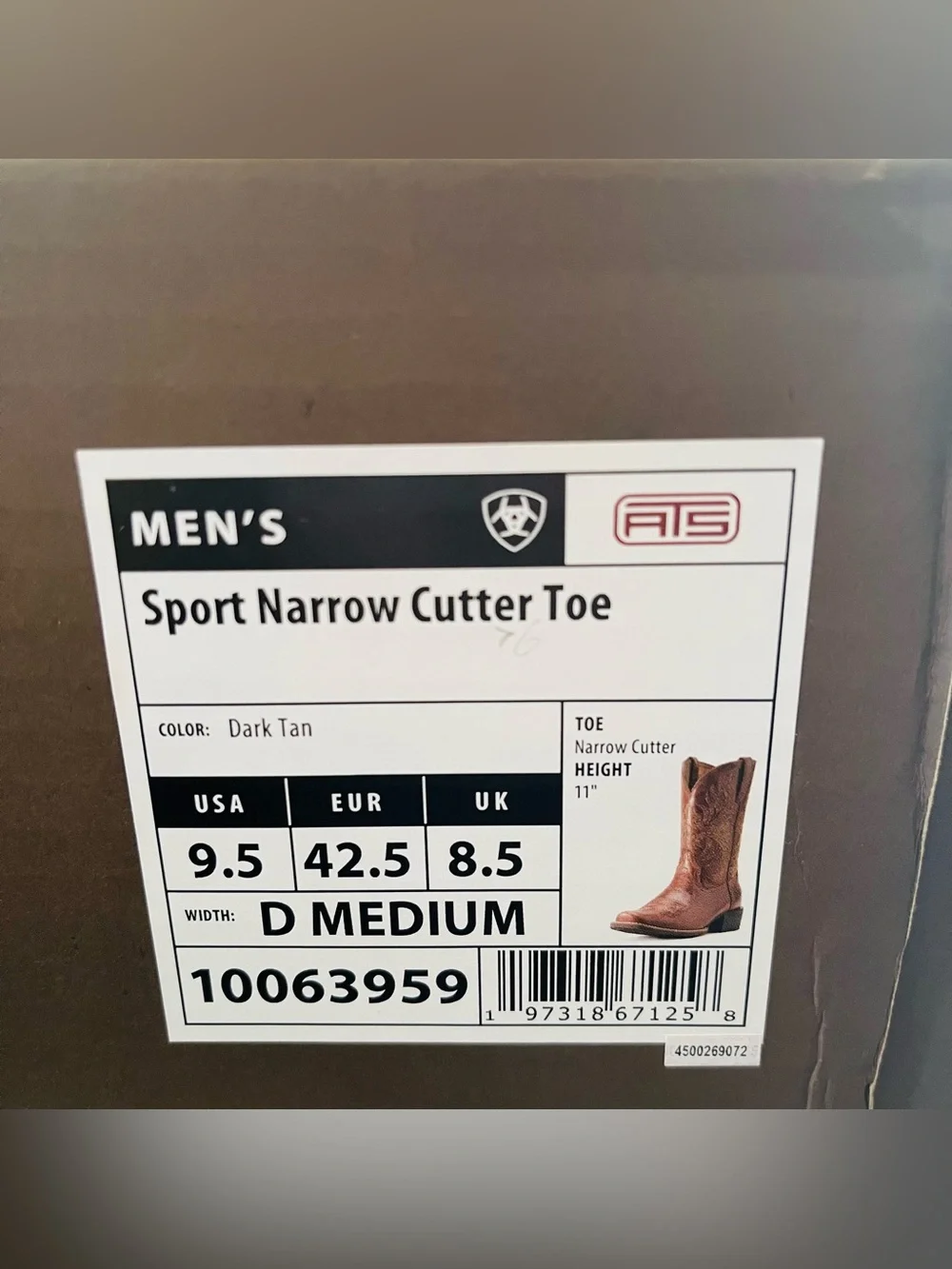 ARIAT MEN'S Sport Narrow Cutter Toe Cowboy Boot Dark Tan 10063959